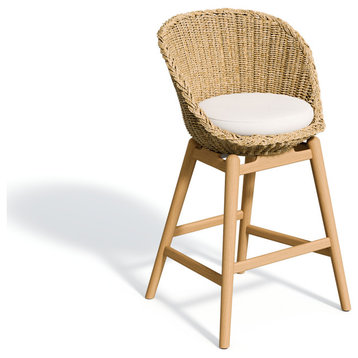 Tulle Bar Chair, Flax Resin Wicker, Bliss Linen cushion, Teak Frame