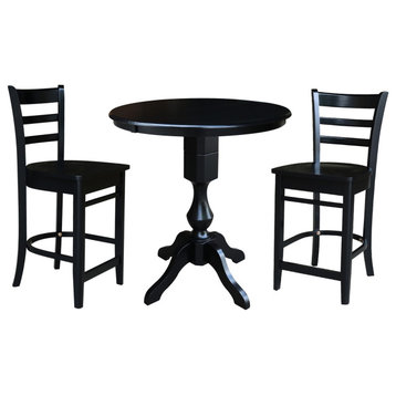 36" Round Pedestal Counter Height Table with Counter Height Stools, Black, 3-Piece Set