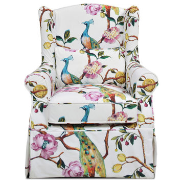 Indie 33" Slipcovered Wingback Skirted Arm Chair, Teal Blue Peacock, Pink White