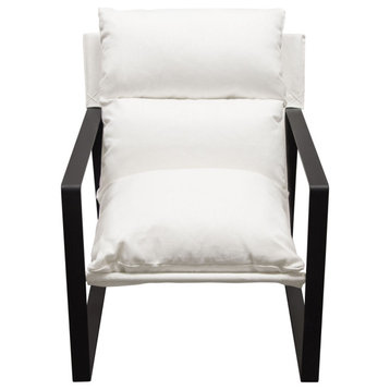 Miller Sling Accent Chair in White Linen Fabric  Black Powder Coated Metal Frame
