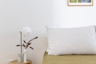 タウンズビルにある小さなビーチスタイルのおしゃれな寝室 (白い壁、淡色無垢フローリング)