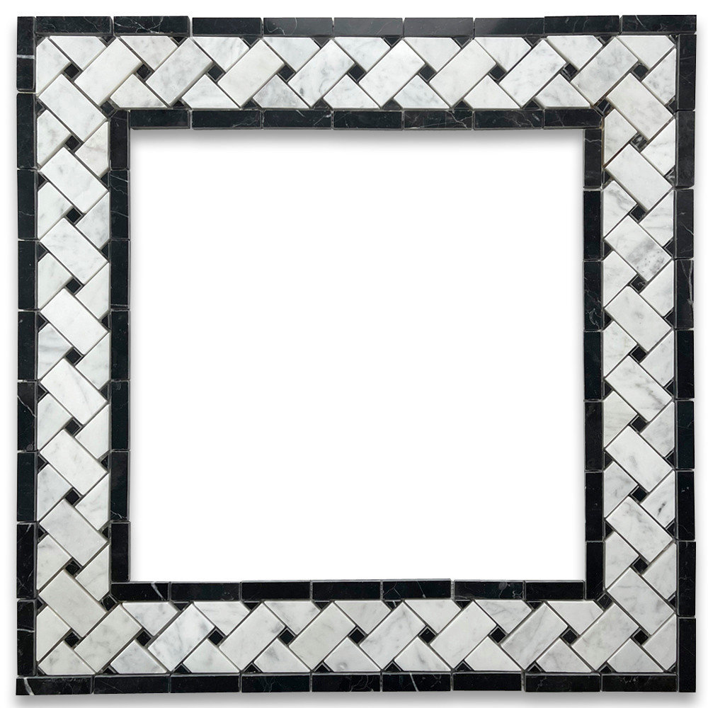 Carrara Marble Basketweave Listello Border Black Dots Polished 4x12, 1 sheet