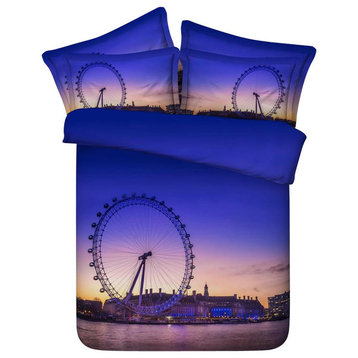 3D Blue Ferris Wheel Bedding,, 4-Piece Duvet Cover Set, Queen