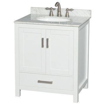30" Single Vanity,White, White Carrara Marble Top, Undermount Oval Sink