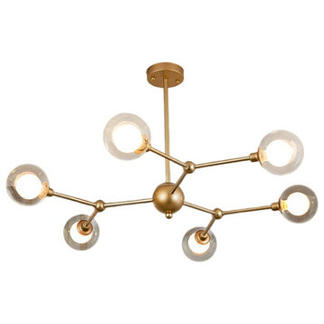 Glass Globe Shaped Chandelier, Molecular Fission Branches, 6 Lights, Cool Light
