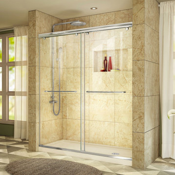 Charisma 34" x 60" x 78.75" Bypass Shower Door, Chrome, Right Drain Biscuit Base