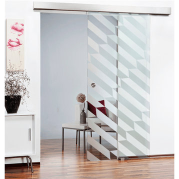 Semi Privat Glass Sliding Barn Door with various Geometric Designs, 34"x84" Inch