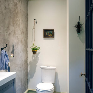 Foto de cuarto de baño ecléctico, pequeño, con armarios con paneles lisos, puertas de armario grises, sanitario de dos piezas, paredes grises, suelo de pizarra, lavabo suspendido y suelo verde