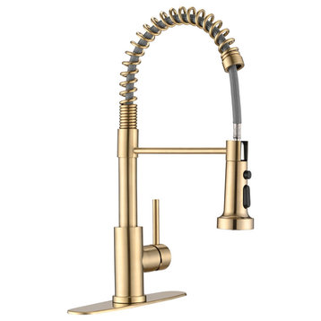 Single Handle Deck Mounted Spring Neck Pull Down Kitchen Faucet with Deckplate
