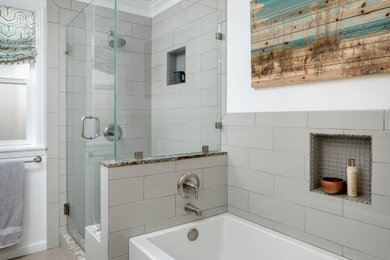 Inspiration for a mid-sized transitional master bathroom in San Francisco with gray tile, ceramic tile, white walls, ceramic floors, beige floor and a hinged shower door.