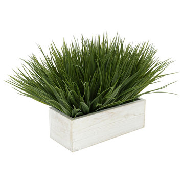 House of Silk Flowers Artificial Green Farm Grass in 9" White-Washed Wood Trough