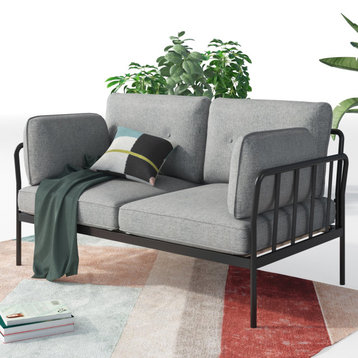 Contemporary Loveseat, Metal Frame With Rounded Arms & Removable Cushions, Gray