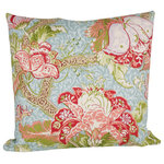 Studio Design Interiors - Holsworthy Three 90/10 Duck Insert Pillow With Cover, 22x22 - Printed on a soft natural linen, beautiful flowers in red, and peach, and forest greens spring from a blue damask pattern face on this open and airy garden motif.  Perfectly finished with a blue linen back. Exceptional.