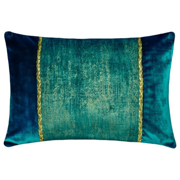 Green Velvet 12"x20" Lumbar Pillow Cover Foil Patchwork - Resplendent Peacock