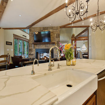 French country, lodge-style riverfront home