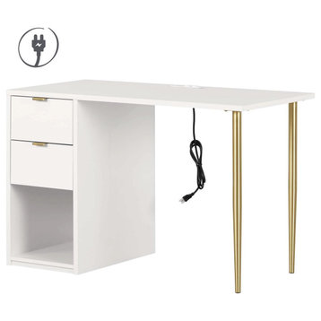Modern Desk, 2 Storage Drawers With Golden Hardware & Built Power Bar, White