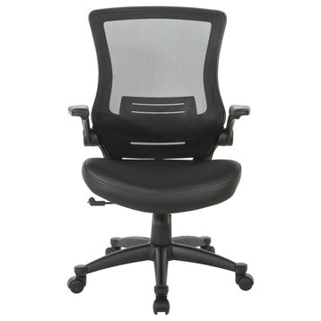 Screen Back Manager's Chair, Black Faux Leather Seat With  Flip Arms