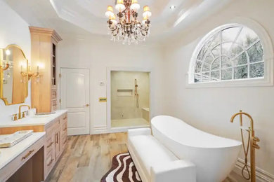 Inspiration for a large transitional master double-sink bathroom remodel in New York with a hinged shower door and a built-in vanity
