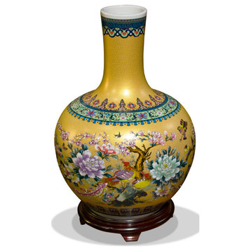 Gold Flower and Birds Chinese Porcelain Temple Vase, With Stand