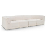 Meridian Furniture - Ollie Black Boucle Fabric Straight Modular Sofa, Cream, 4-Piece: 2 Armless Chair, 2 Corner Chair - Meet the epitome of style and functionality with this Ollie boucle fabric living room sofa, part of the Ollie modular collection. A contemporary marvel, this sofa features chic and inviting rich cream boucle fabric upholstery, giving it a sumptuous texture that oozes elegance and luxury. Curved corners add to the visual look of the sofa while maximizing seating comfort while lounging, reading, or entertaining. Pair it with other items in the Ollie collection easily, thanks to an attachment latch underneath.