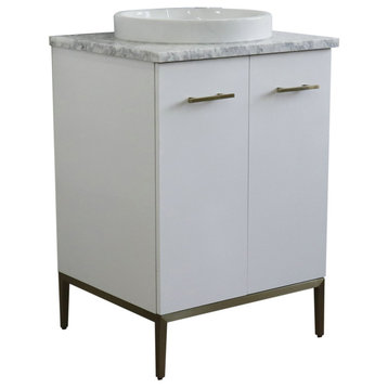 25" Single Sink Vanity, White Finish With White Carrara Marble And Round Sink