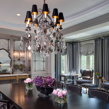 Formal Dining Room with Custom Arched Roman Shades and Decorative Accent Panels