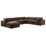 Meridian Furniture - Comfy Upholstered U-Shaped Modular Sectional, Brown, 7-Piece: 3 Armless Chair, 3 Corner Chair, 1 Ottoman, Velvet - Give your space a whole new look with this brown Comfy velvet sectional. This handsome sectional fits nicely with other items in the Comfy collection and is a versatile seating option designed for adaptability, comfort and style. Wrapped in rich brown durable velvet upholstery, this sectional offers a plush embrace of overstuffed down feather cushions, carefully crafted to deliver the highest level of comfort. The perfect seat for creating an oasis for relaxation, this sectional has thick foam surrounding its frame for added support and coziness.