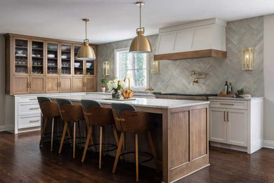 Inspiration for a large transitional l-shaped dark wood floor and brown floor eat-in kitchen remodel in Detroit with an undermount sink, shaker cabinets, quartzite countertops, multicolored backsplash, stainless steel appliances, an island, multicolored countertops and marble backsplash