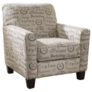 Mid Century Accent Chair, Linen Upholstered Seat With French Scripting Print