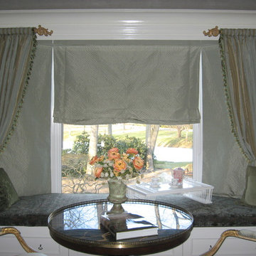 Drapery Panels over Relaxed Romans, Custom Bench Cushion