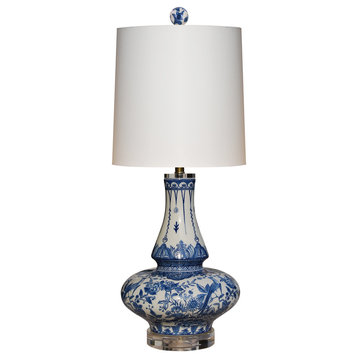 Blue and White Bird Table Lamp With Crystal Base And Hardback Shade