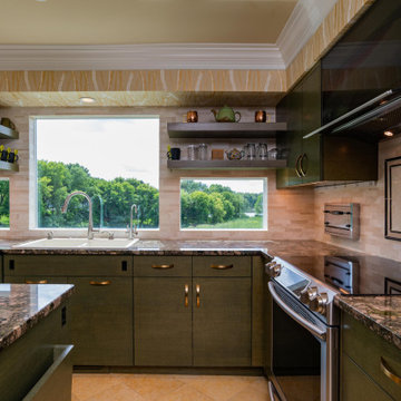 Modern Kitchen with Horizontal Grain Green Cabinets