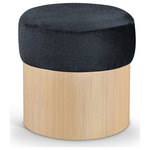 Meridian Furniture - Nimes Upholstered Ottoman, Black, Velour Fur, Natural Finish - Strikingly modern, the Nimes black velour fur fabric upholstered ottoman combines plush comfort with sleek design. The top is wrapped in luxurious velour fur fabric, offering a soft and inviting texture, while the cylindrical rich natural wooden base provides a minimalist contrast. This versatile ottoman is perfect as extra seating, a footrest, or a stylish accent in any living space.
