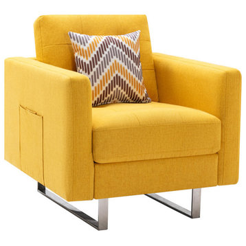 Victoria Linen Fabric Armchair With Metal Legs, Side Pockets and Pillow, Yellow