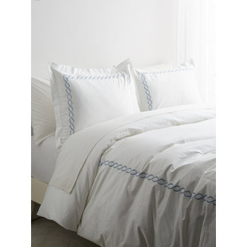 600TC 100% Cotton Rope Embroidered Soft Blue Duvet Set, Full/Queen