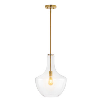 Watts 13.25" 1-Light Mid-Century Modern Iron/Glass LED Pendant, Brass Gold/Clear