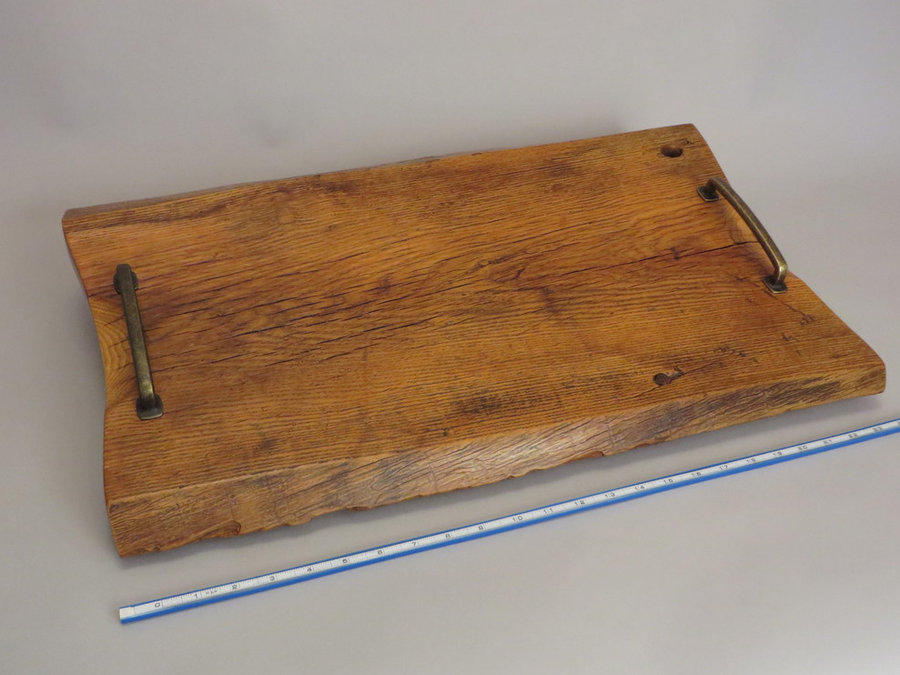 Tray 17018: Elm, Footed, Pull Handles, Rustic Surface.