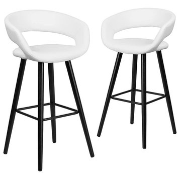 Set of 2 Bar Stool, Padded Vinyl Seat and Rounded Back With Open Detail, White