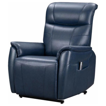 Power Lift Recliner, Grain Leather Upholstered Seat & Side Pockets, Navy Blue