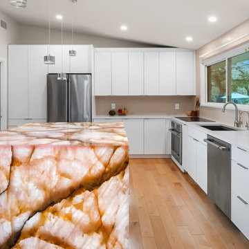 Backlit Stone Island with Custom White Cabinets