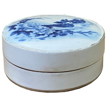 Chinese Blue White Porcelain Graphic Accent Round Box Display Hws2005