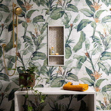 Primary Bath Walk-In Shower with Botanical Tile and Built-In Bench