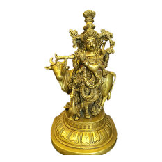 Lord Krishna with Cow Handmade Brass Statue Idol From India, Meditation Decor