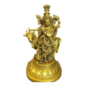 Mogul Interior - Lord Krishna with Cow Handmade Brass Statue Idol From India, Meditation Decor - Decorative Objects And Figurines
