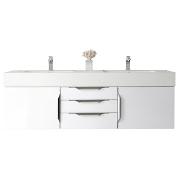 59 Inch Glossy White Floating Bathroom Vanity, Double, Glossy White Top, Outlets