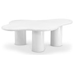 Meridian Furniture - Romaine Coffee / End Table, White, Coffee Table - The Romaine End Table is a stunning piece that will elevate the style of any living space. Its modern, sleek white finish gives it a sophisticated look, while its sturdy iron metal construction ensures durability. The pedestal bases provide excellent support and stability, and the wavy top adds a unique design element. It's a great way to add a distinctive touch to any space.