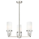 Innovations Lighting - Utopia 3 Light 8" Stem Hung Pendant, Satin Nickel, Matte White Glass - Modern and geometric design elements give the Utopia Collection a striking presence. This gorgeous fixture features a sharply squared off frame, softened by a round glass holder that secures a cylindrical glass shade.
