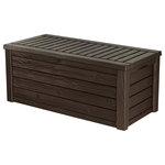 Keter - Westwood 150 Gallon Brown Plastic Deck Storage Patio Container Bench Box - Plenty of storage and comfortable seating, all in one impeccably styled patio deck box. The Westwood Deck Box offers a generous 150 gallon storage capacity and provides bench seating for two adults, all while making an excellent accent piece for your outdoor decor and patio furniture with its chic natural wood-paneled look. Made out of a durable resin, this outdoor storage box is fully weather-resistant, easy to maintain and keeps contents dry and ventilated. You will be thrilled with the versatility of this multi-purpose piece. It is ideal for pool storage, deck storage or garden storage, and when your guests arrive you will have no shortage of patio seating options.