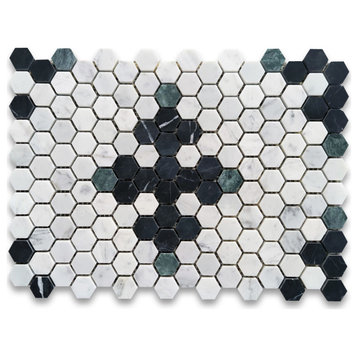 Carrara White Marble Hexagon Starlight Mosaic Tile Black Green Honed, 1 sheet