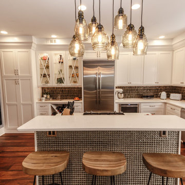 Transitional White Kitchen Remodel | Glass Display Cabinets & Custom Island